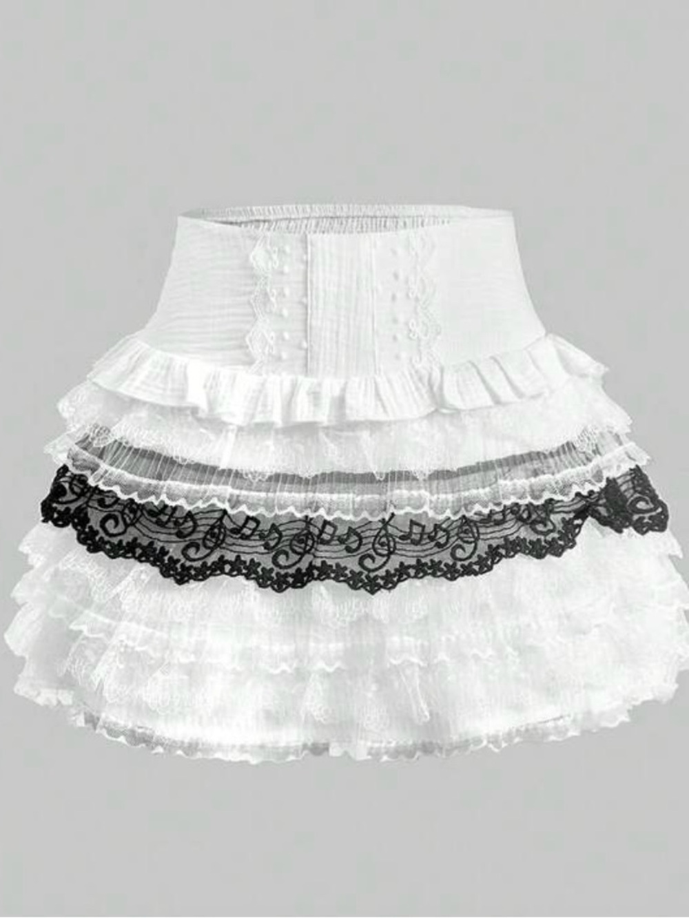 White Ruffled Lace Mini Skirt with Black Lace Trim